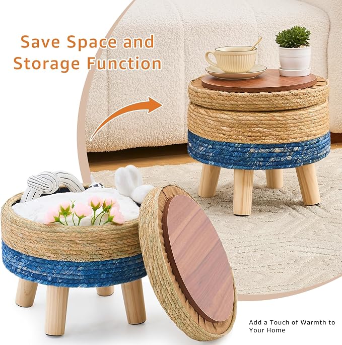 Cpintltr Storage Ottoman Poufs Handwoven Footstool Natural Seagrass Round - Image 6