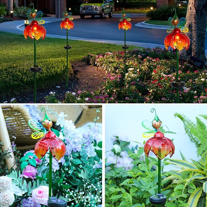 VCUTEKA Solar Garden Lights Metal Flower Decor Colorful Fairy Flowers Solar - Image 7