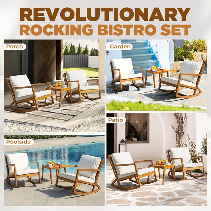 IDZO Rocking Chairs Design Heavy Duty 400lbs Capacity Wood Patio Bistro Set 3 - Image 7
