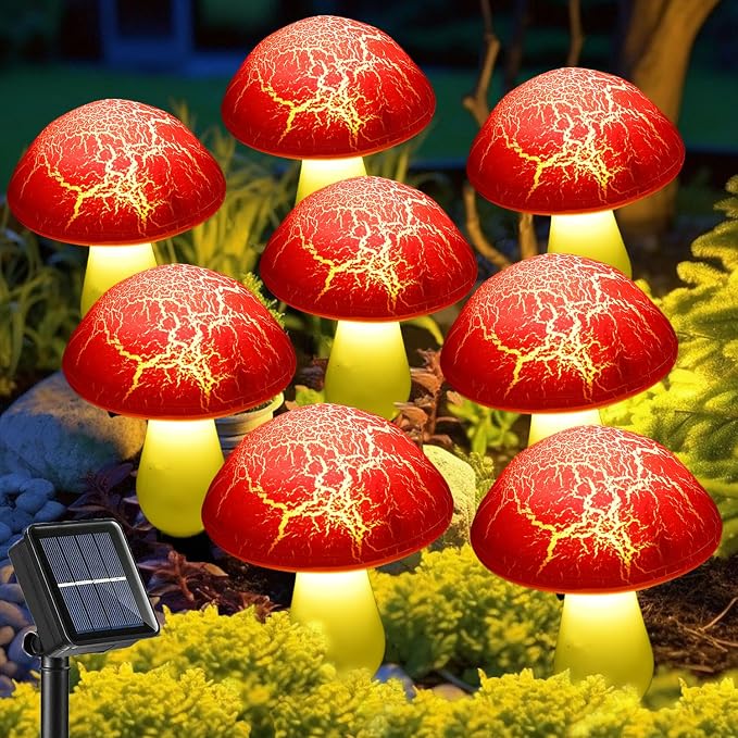 Solar Mushroom Lights Garden Decor 8 Red Crack Mushrooms Outdoor Decor Stake by Viewpick