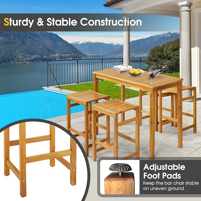 Tangkula 5 Piece Outdoor Acacia Wood Bar Table Set, Space-Saving Patio Dining - Image 8