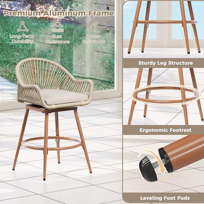 24” Outdoor Swivel Bar Stools Set of 2, Counter Height Bar Stools - Image 7