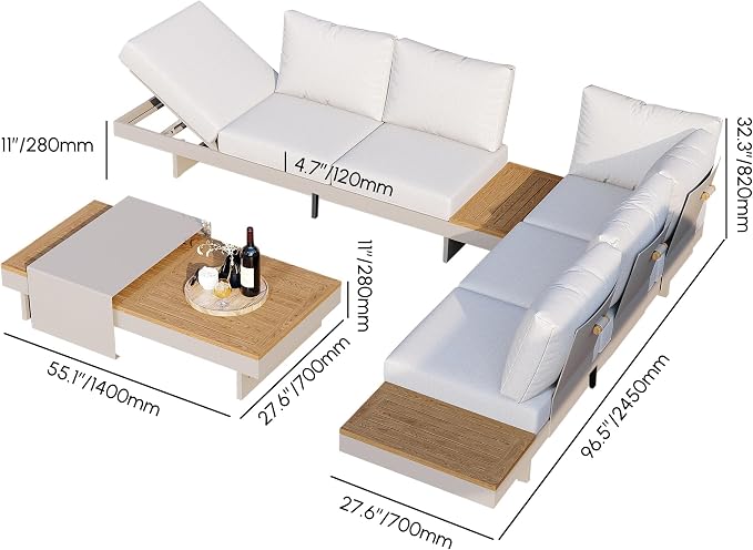homary 6 Piece Aluminum & Teak Outdoor Sofa Set, Patio Sofa Seat L-Shaped - Image 9