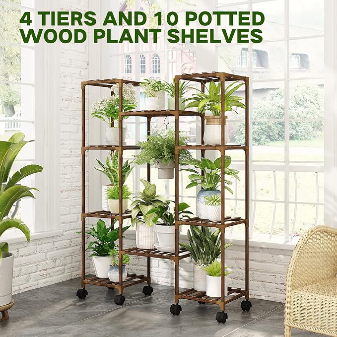 Plant Stand with Wheels Outdoor Indoor Hanging Plant Shelf - Image 7