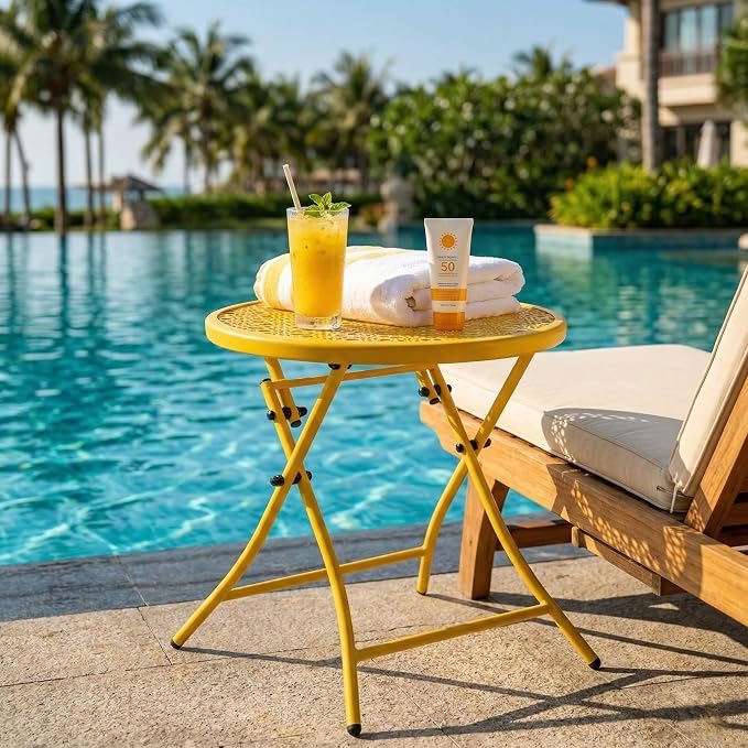 TeoKJ Folding Outdoor Side Tables, Anti Rust Small Patio Table Round Metal - Image 2