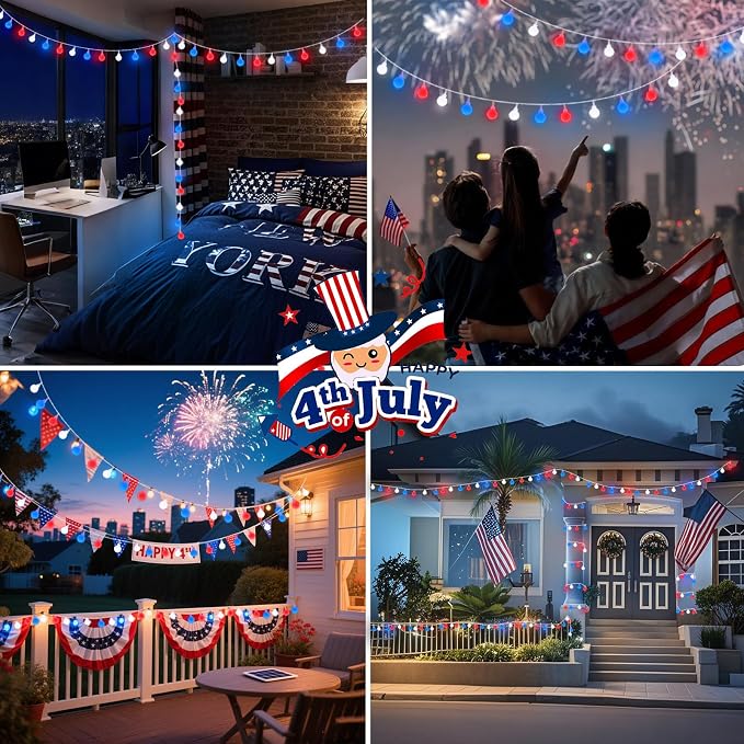 Connectable Red White and Blue String Lights Outdoor Indoor, 42FT 100LED 4th of - Image 3