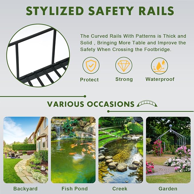 Metal Garden Bridge 8 FT with 4 Ground Stakes, 770 lbs Capacity Black Powder - Image 5