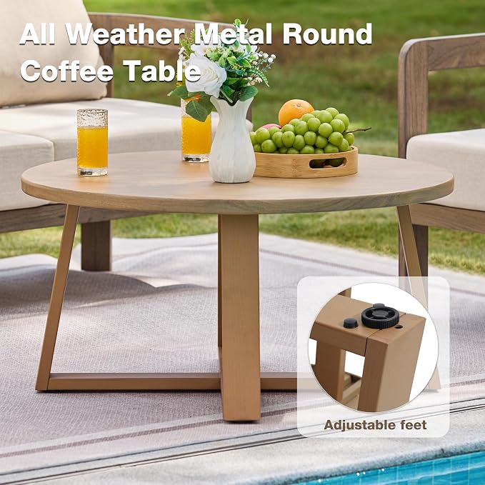 Indoor Round Coffee Table with 35.5” Woodgrain Finish Table Top, Outdoor Metal - Image 4