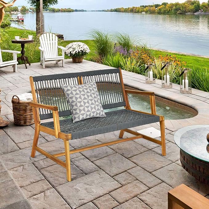 Tangkula 2-Person Patio Acacia Wood Bench Loveseat, Outdoor Patio Rope Bench in - Image 4