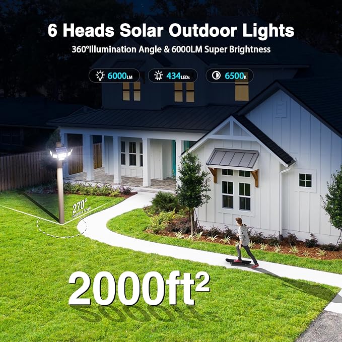6000LM Solar Lights Outdoor Waterproof, 6 Heads Solar Flood Lights Outdoor - Image 2