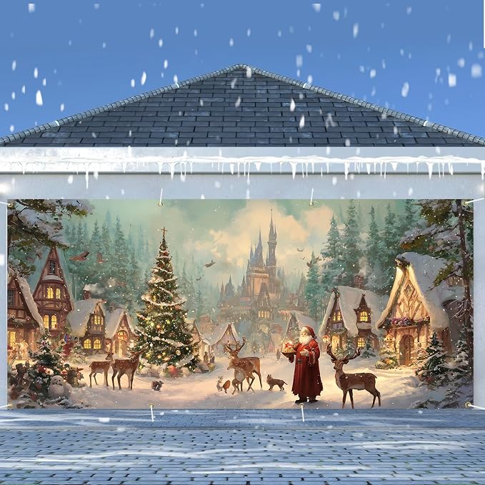 Christmas Village Scene Garage Door Decorations 6x13FT, Santa - Image 2