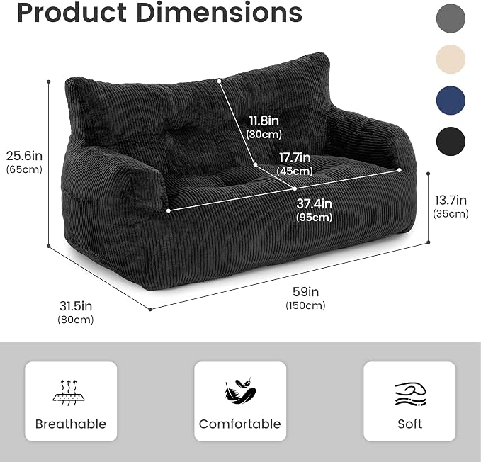 Pamapic 59" Bean Bag Chair, 2 Seat Loveseat Sofa, Ultra Soft Dutch Velvet - Image 2
