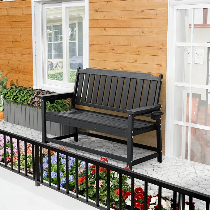 Outdoor Bench with Cup Holder All-Weather HDPE Fade Resistant Garden Bench 660 - Image 9