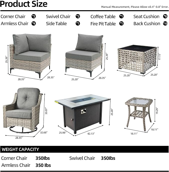 11 Pieces Outdoor Patio Furniture Set, Rattan Wicker Sectional Swivel Rocker - Image 8