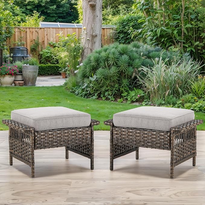 Patio Ottomans 2 Piece Outdoor Wicker Ottomans PE Rattan Footrest - Image 2