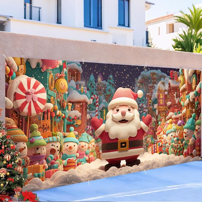 Cute Santa Christmas Garage Door Decorations 6x13FT, Cartoon Snowman Town - Image 6