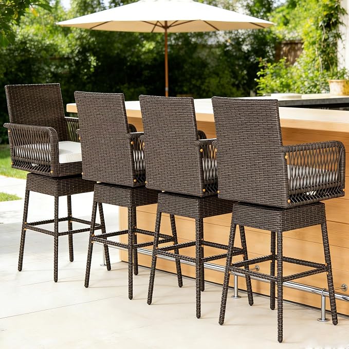 COSTWAY Outdoor Wicker Bar Stools Set of 4, Armrest and Backrest, Patio Bar by COSTWAY