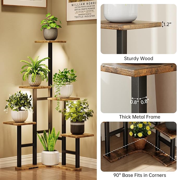 Corner Plant Stand Indoor with Grow Lights, 6 Tiered Corner Plant Shelf Flower - Image 5