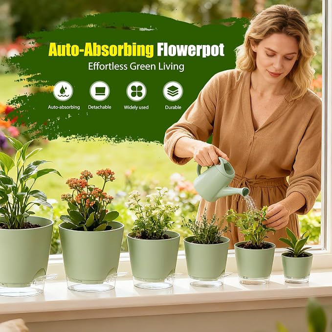 Plant Pots 4/5/5.5/6/6.5/7/8 Inch Self Watering Pots, 7 Pack Plastic Planters - Image 2