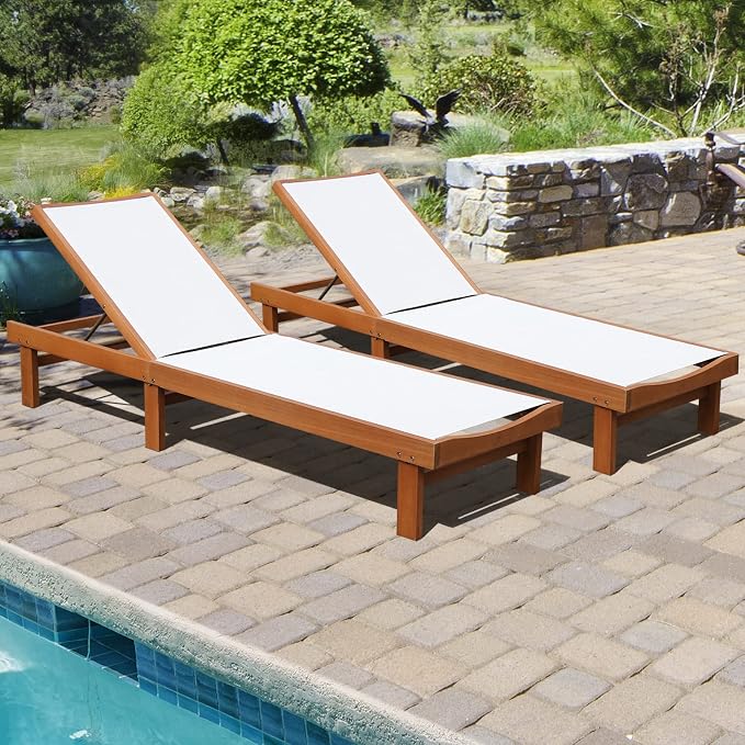 COSTWAY Set of 2 Patio Wood Chaise Lounge Chair, Strong Eucalyptus Wood Frame - Image 4