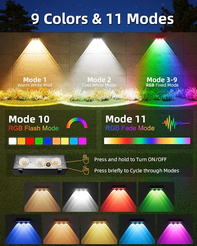 Solar Fence Lights Outdoor, 8 Pack, 9 Fixed Colors ＆ Color Changing Fence - Image 2