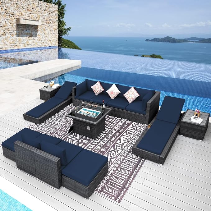 NICESOUL 13 Piece Patio Sectional w/Fire Pit, Modular Wicker Outdoor Couch by NICESOUL