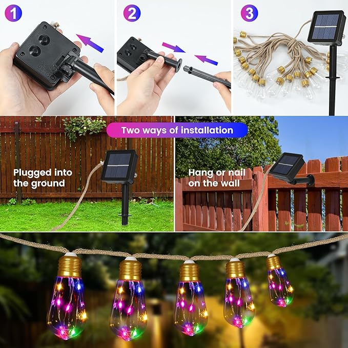 Solar Outdoor String Lights 2Pack 24FT Vintage Rope Hemp Solar Lights - Image 5
