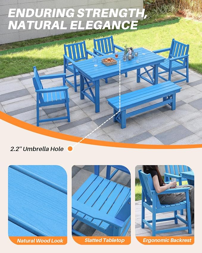 HDPE Outdoor Dining Set of 6, Patio Dining Table Set - Image 7