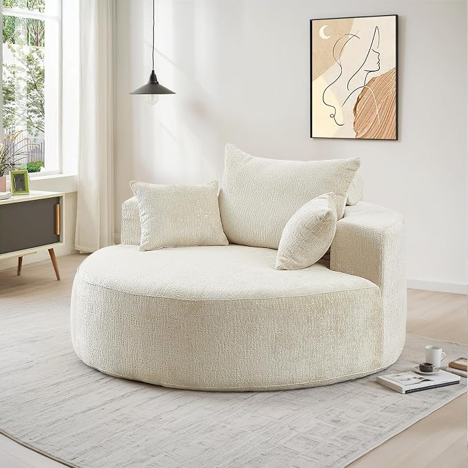 Oversized Round Chaise Longue Chair Indoor, Modern 55-inch Upholstered Chenille - Image 3