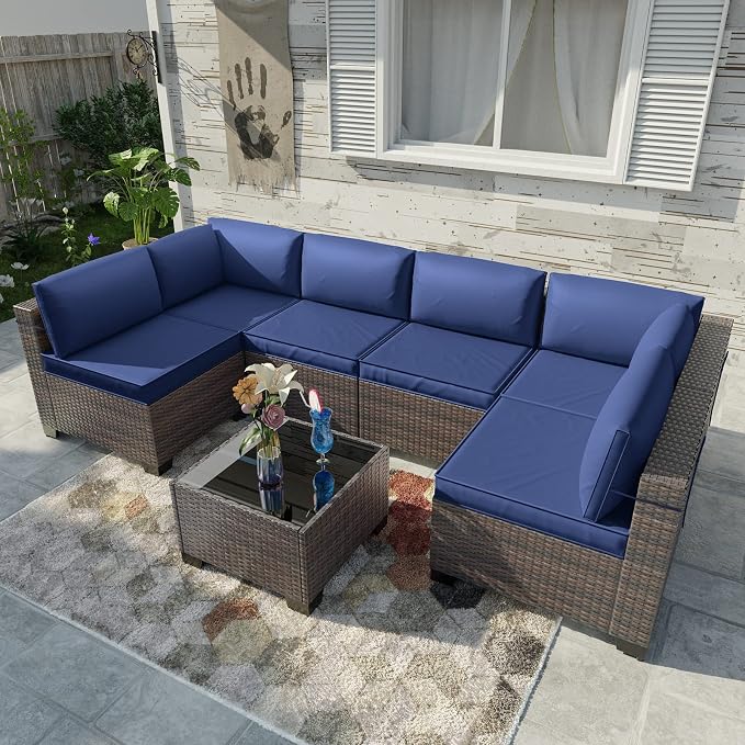 Kullavik 7 Pieces Outdoor Patio Furniture Set, Sectional Rattan Sofa Set Brown - Image 2