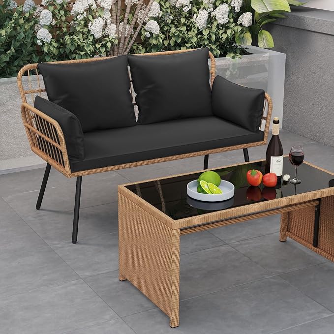 Tangkula Patio Wicker Loveseat, Outdoor Rattan 2-Seat Cushioned Sofa - Image 5