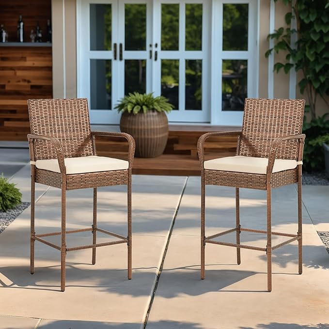 ECOTOUGE Patio Wicker Barstools Set of 2, Outdoor Rattan Bar Height Chairs - Image 2