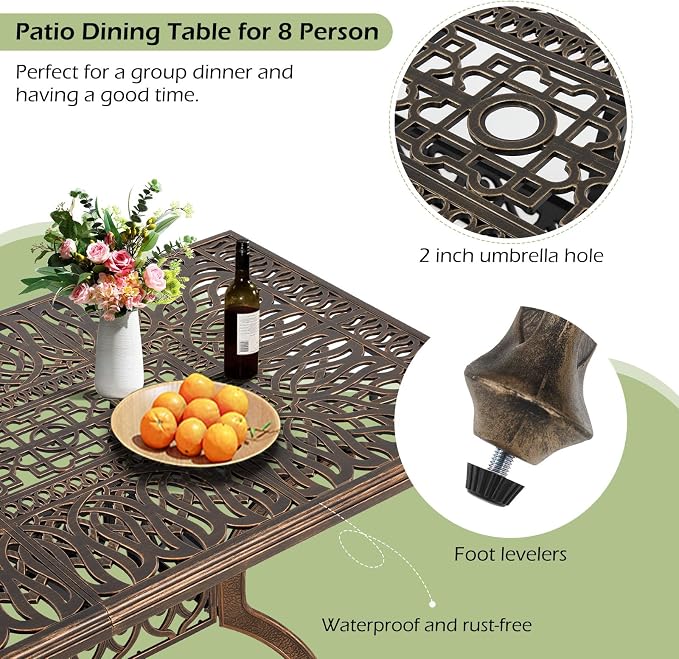 Cast Aluminum Patio Furniture Set 9-Piece Outdoor Dining Set Includes 86.6’’ - Image 3