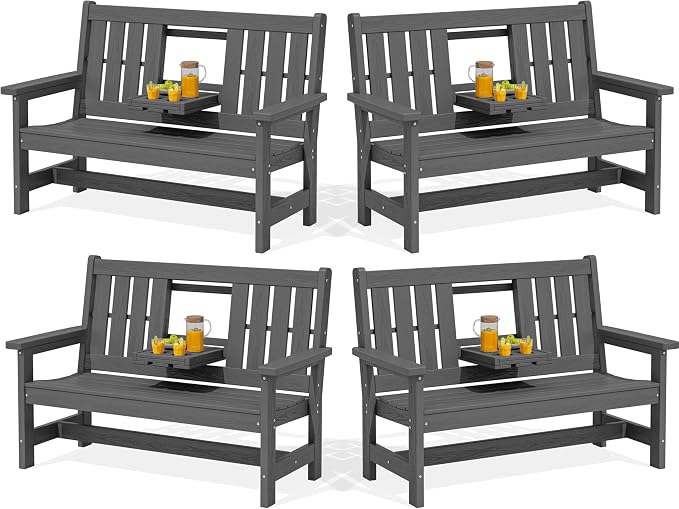 SERWALL Outdoor Bench with Cup Holder, All Weather Patio Benches with High by SERWALL
