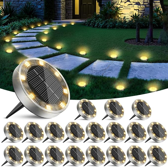 20 Pack Solar Ground Lights Outdoor, 8 LED Mini Flat Solar Disk Lights by Unknown
