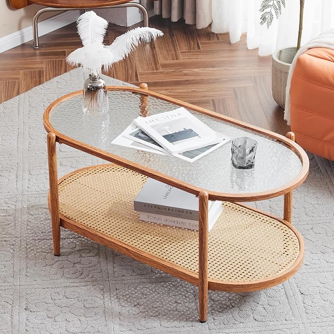 VINGLI 38" Rattan Oval Coffee Table, Water-Wave Glass Metal Center Table - Image 9