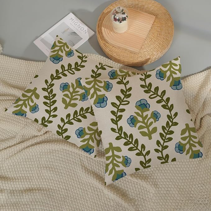 Sage Green Boho Pillow Covers 20x20 Inch 2 Pcs Blue Green Floral Leaves Decor - Image 5