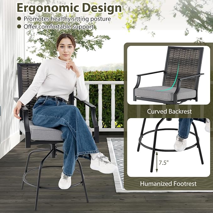 Tangkula Outdoor Wicker Swivel Bar Stools Set of 2, Counter Height Heavy Duty - Image 3