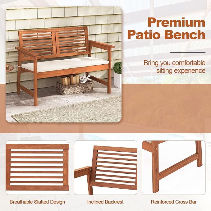 HAPPYGRILL Outdoor Wood Bench Patio Solid Wood Loveseat - Image 8