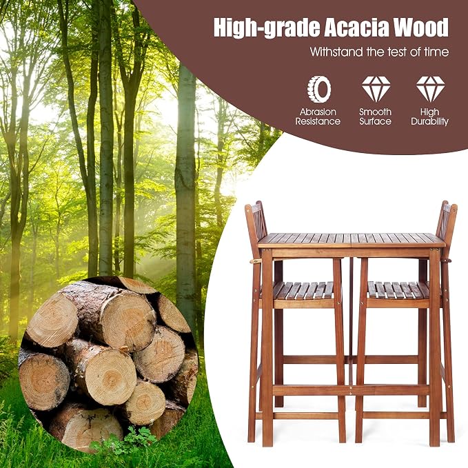 COSTWAY 3PCS Bar Table Set, Outdoor Acacia Wood Dining Set, Spacious Tabletop - Image 4