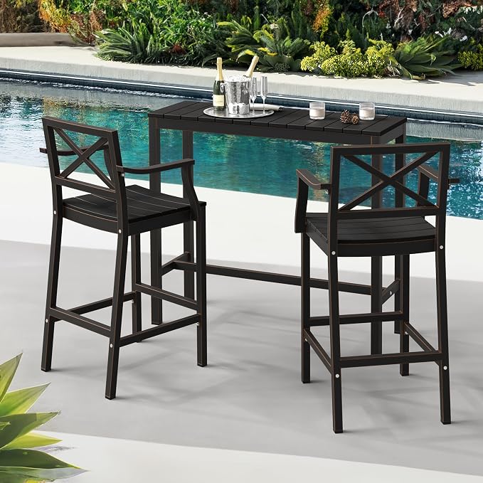 Outdoor Bar Stools Set of 2, 26 Inch Black HDPS Top and Bronze Leg Patio - Image 2