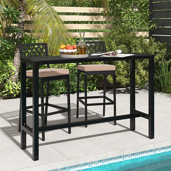 COSTWAY 3 Piece Outdoor Bar Table and Chairs Set, Metal Patio Bar Table Set - Image 2
