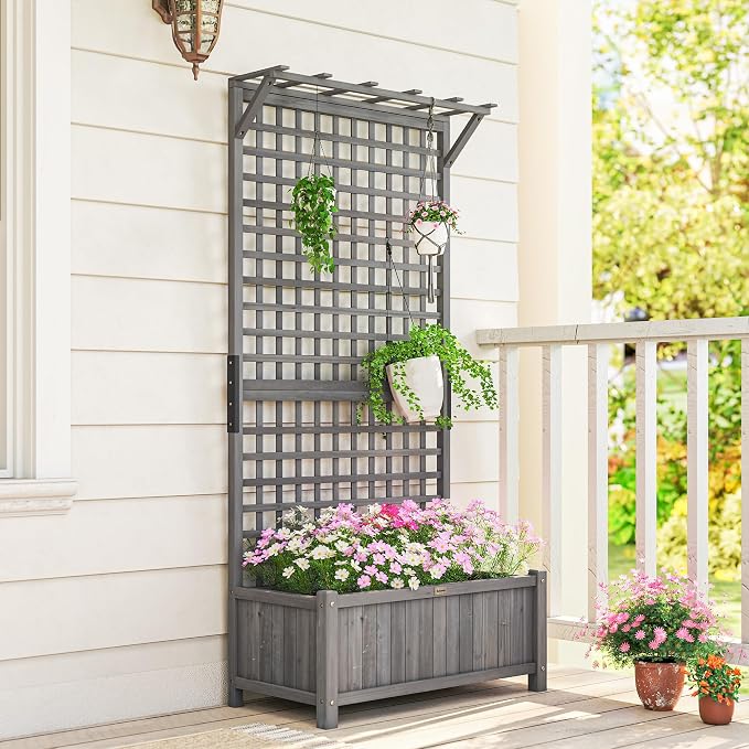 Outsunny Wood Planter with Trellis, Raised Garden Bed - Image 8