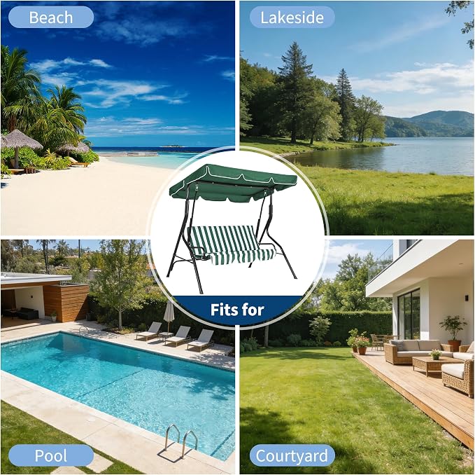 Outdoor Porch Swing Chair with Adjustable Canopy & Striped Seat Cushion - Image 7