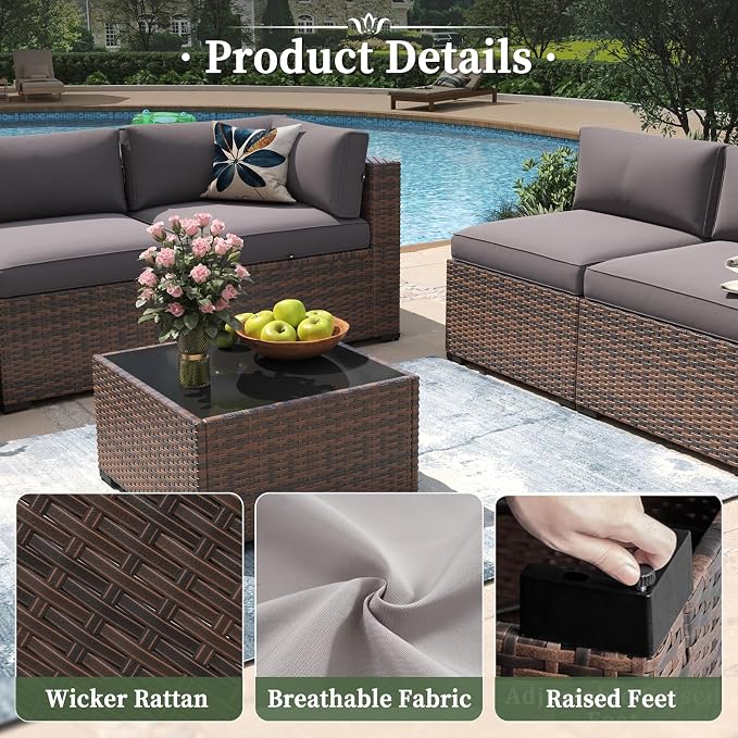 Aoxun 7 Piece Patio Furniture Set Wicker Rattan Patio Conversation Set Outdoor - Image 5