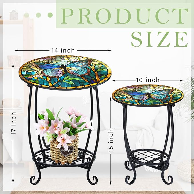 2 Pcs Outdoor Side Table Small Patio Round Mosaic Accent Indoor End Table Plant - Image 3
