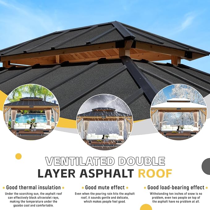 MELLCOM 11'x13' Asphalt Hardtop Gazebo, Spruce Wood Double Roof Gazebos - Image 4
