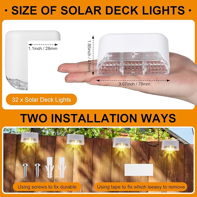 Geelin 32 Pcs Solar Deck Lights Outdoor, Waterproof LED Solar Step Fence Lights - Image 2