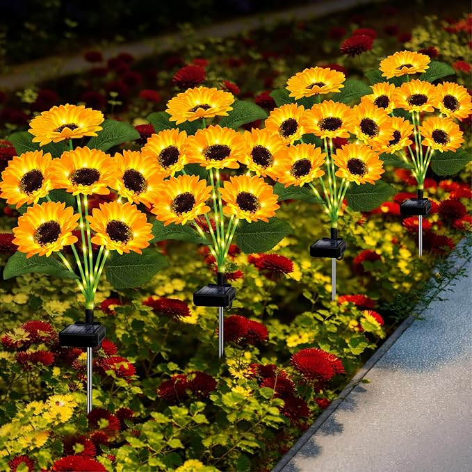 2 Pack with 12 Sunflower Solar Lights Outdoor Garden Decor, Solar Flowers - Image 2
