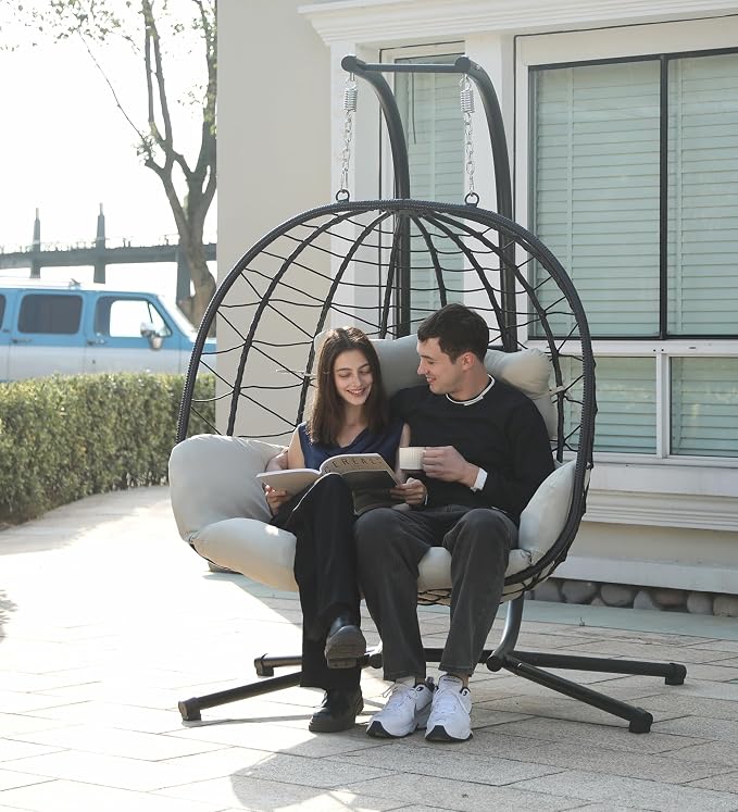 Double Egg Chair with Stand Hammock Swing Chair Foldable Hanging Loveseat - Image 7
